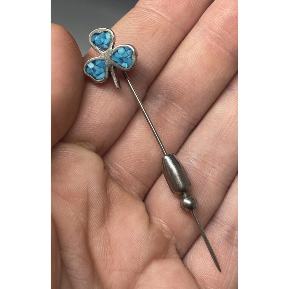 Vintage Shamrock Sterling Stick Pin Crushed Turquoise Mosaic Irish Clover Lapel